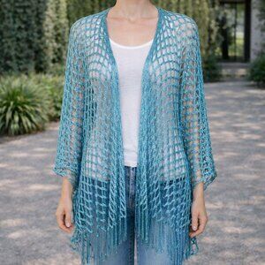Cracker Barrel Elegant Blue Crochet Sleeved Shawl Kimono